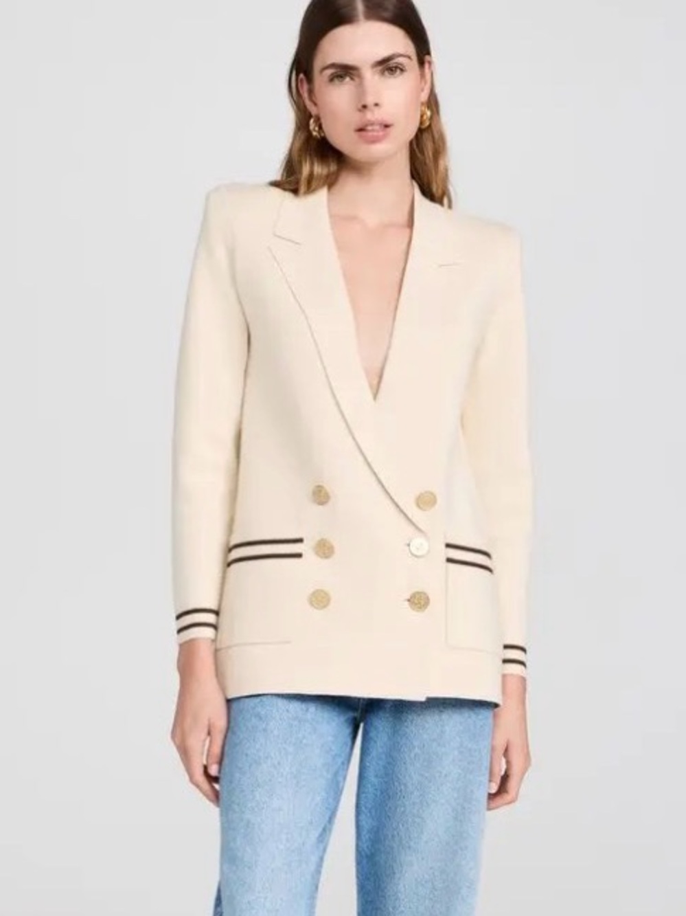 L'AGENCE Eileen Boyfriend Knit Blazer Porcelain With Brown And Gold Medium